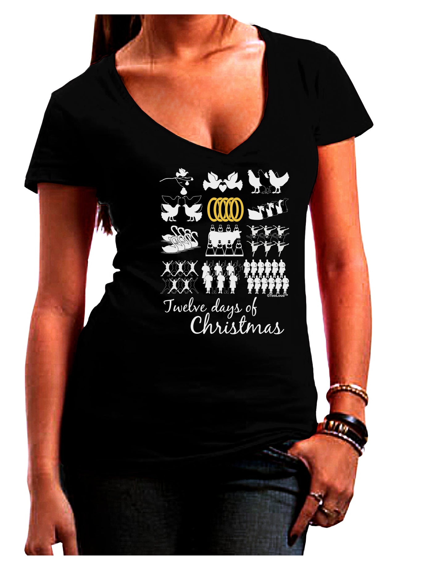 12 Days of Christmas Text Color Juniors V-Neck Dark T-Shirt-Womens V-Neck T-Shirts-TooLoud-Black-Juniors Fitted Small-Davson Sales