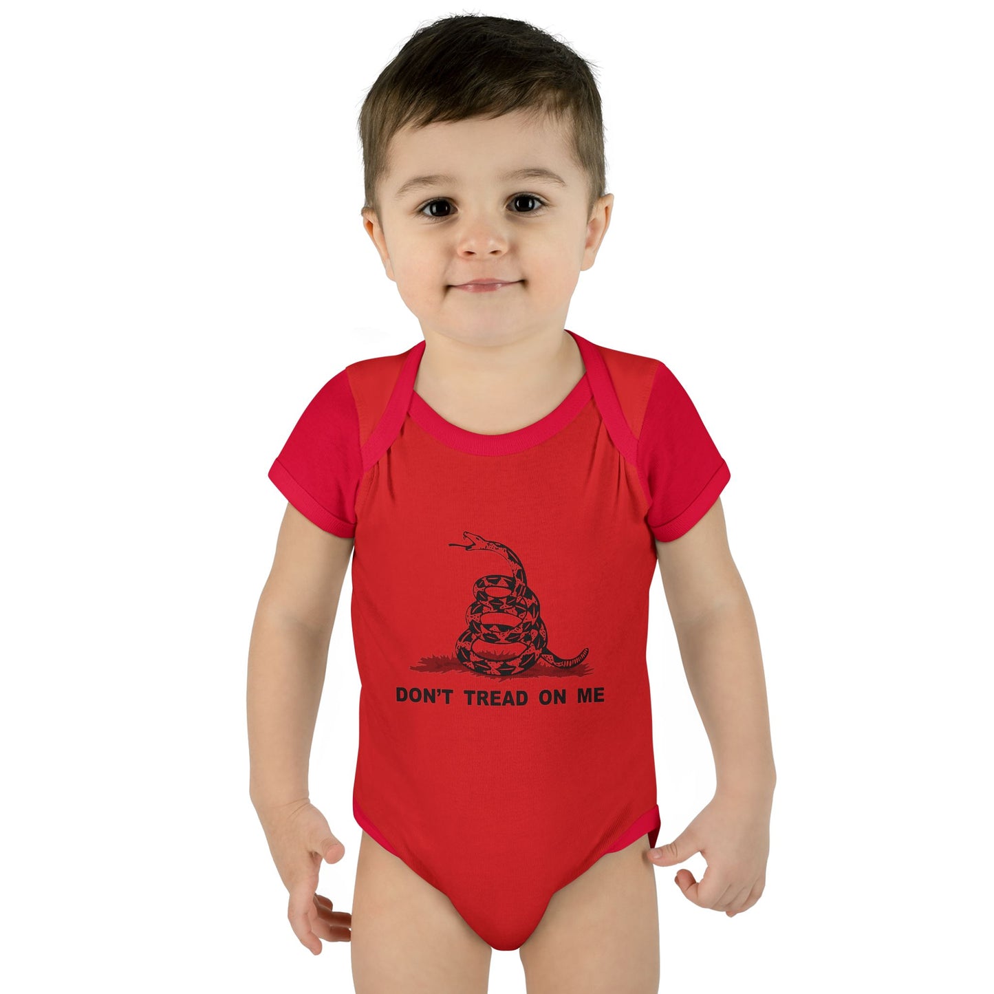 Subdued Don't Tread On Me Gadsden Flag Rattlesnake Infant One Piece Bodysuit by TOOLOUD