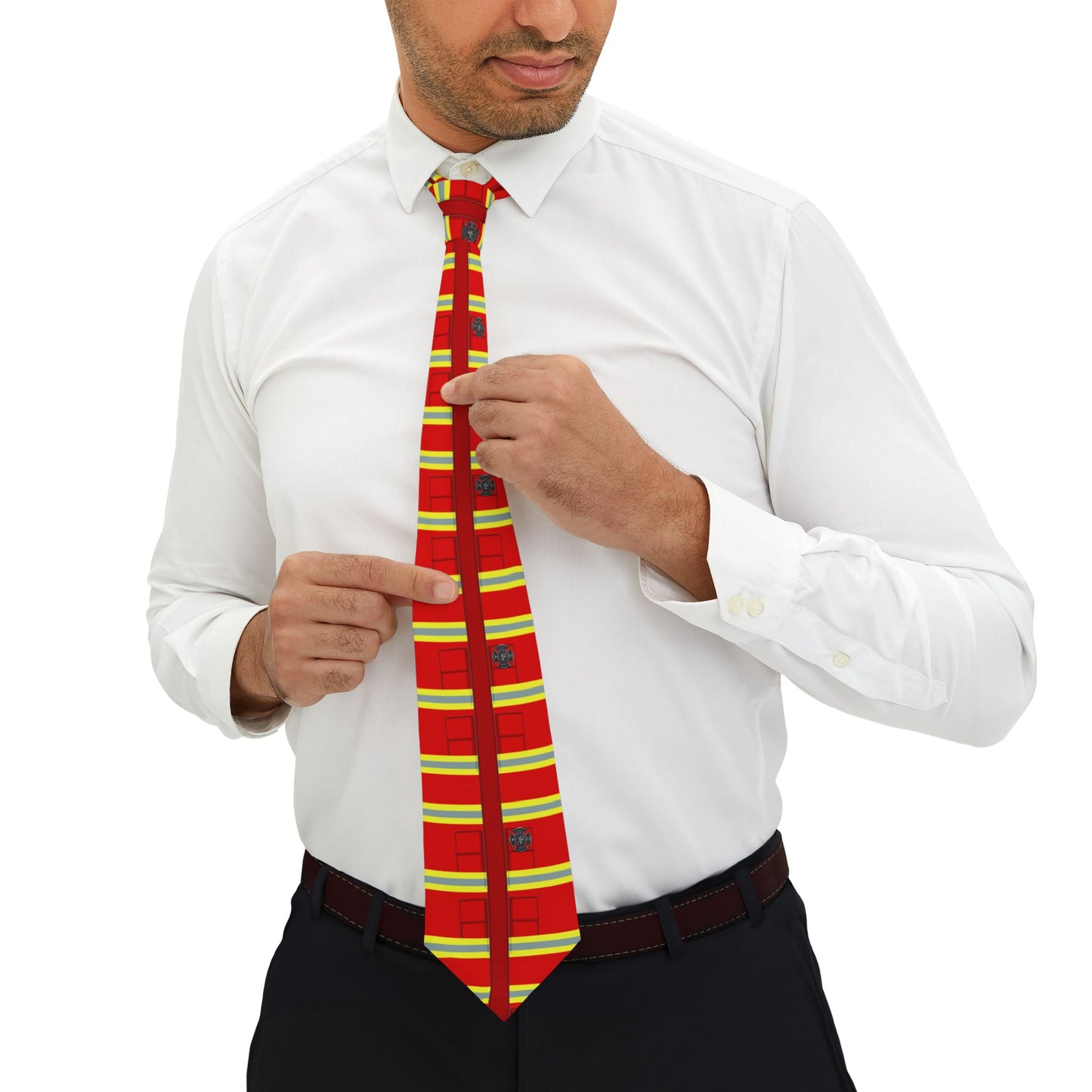 Firefighter Red AOP Printed White Necktie All Over Print by TOOLOUD