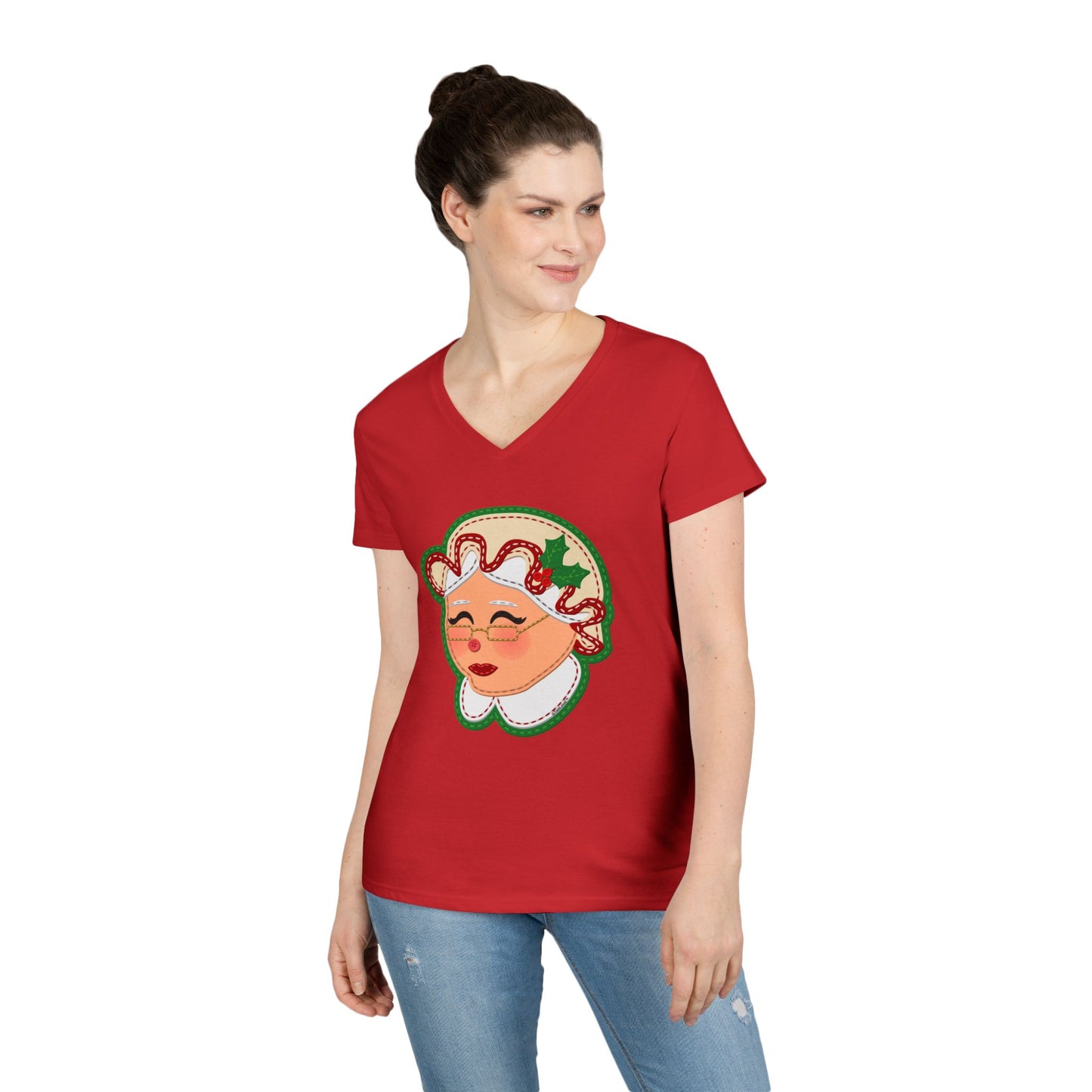 Cute Mrs Claus Face Faux Applique Juniors V-Neck Dark T-Shirt by TOOLOUD™