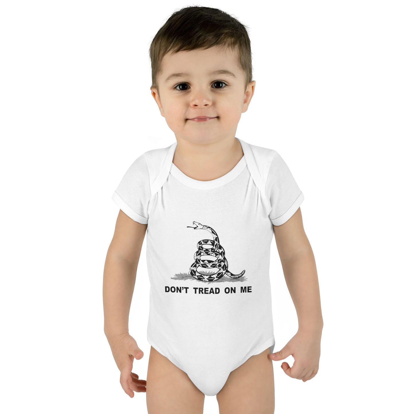 Subdued Don't Tread On Me Gadsden Flag Rattlesnake Infant One Piece Bodysuit by TOOLOUD