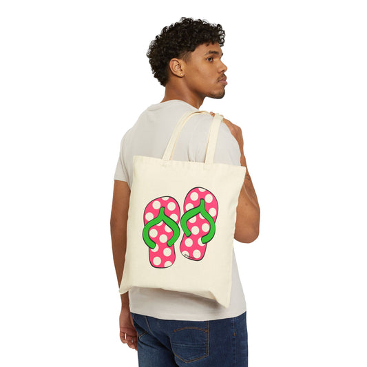 Cute Polka Dot Flip Flops – Pink and Green Grocery Cotton Tote Bag – Natural by TOOLOUD