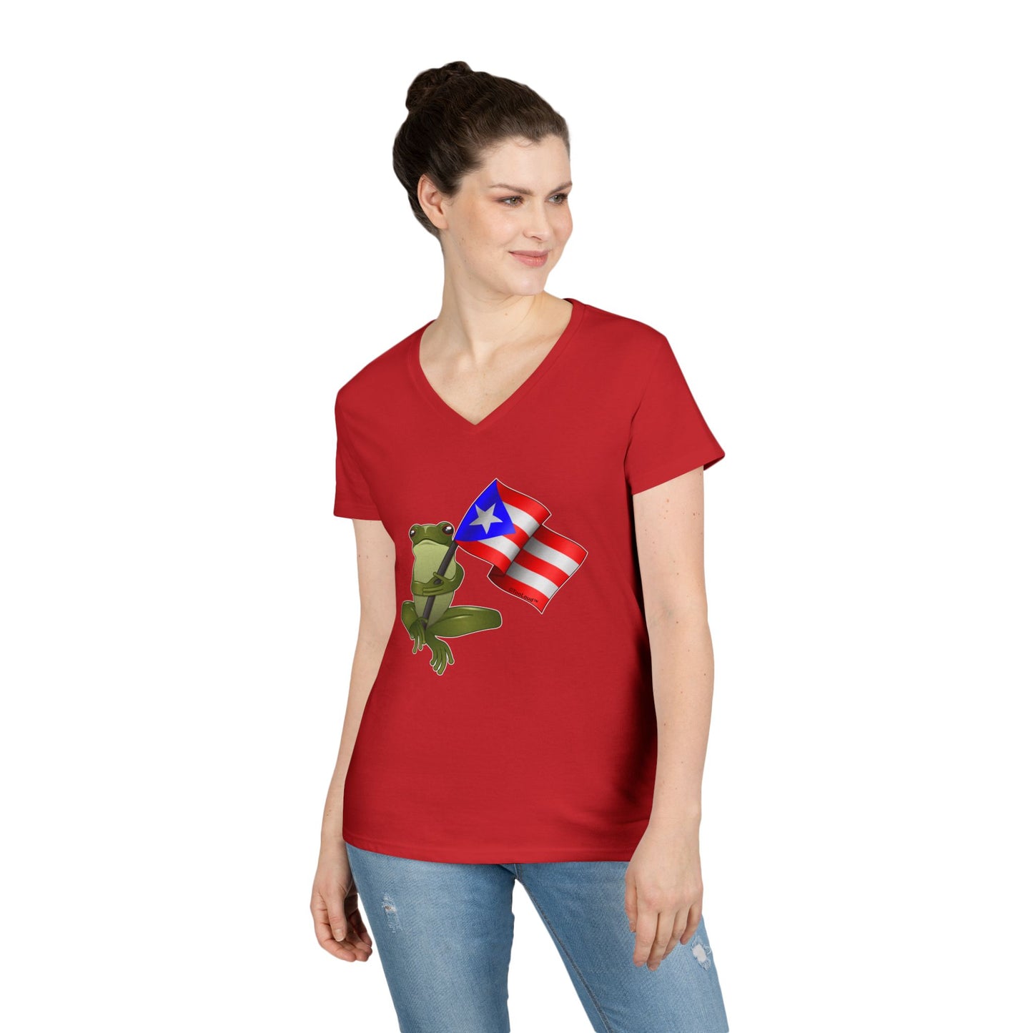 Coquí Holding Flag Women’s Juniors V-Neck T-Shirt by TOOLOUD