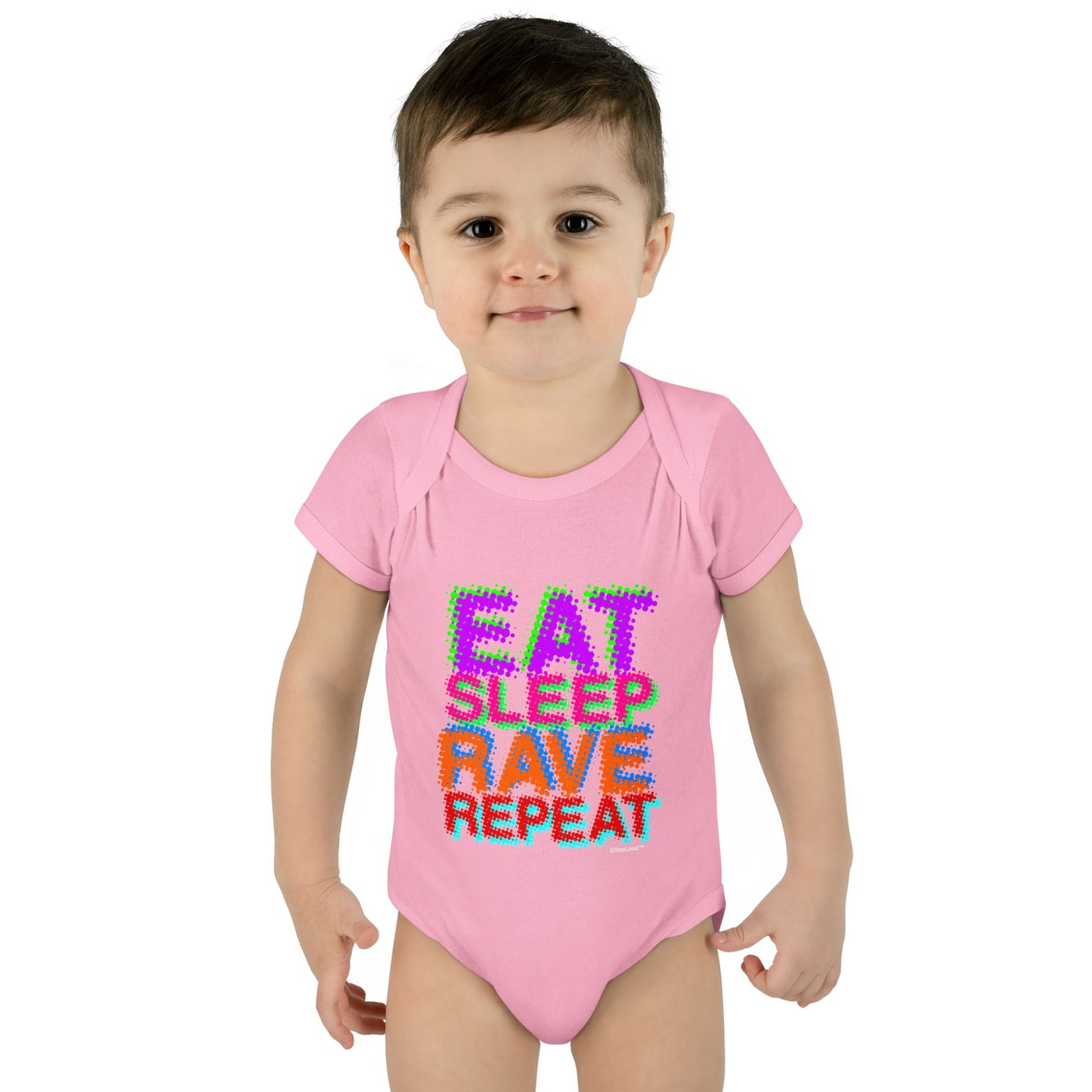 Eat Sleep Rave Repeat Color Infant Baby Romper Bodysuit by TOOLOUD