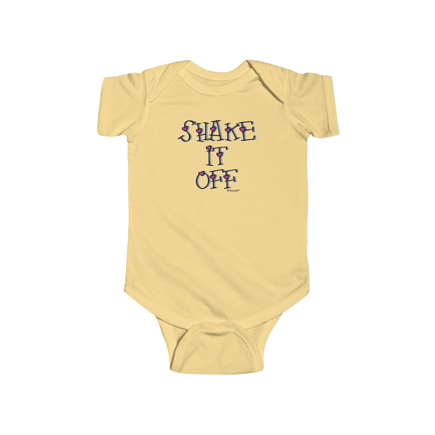 Shake It Off Text Cute with Hearts Baby Romper Bodysuit by TOOLOUD