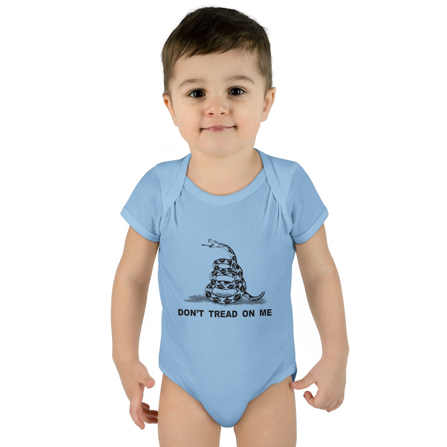 Subdued Don't Tread On Me Gadsden Flag Rattlesnake Infant One Piece Bodysuit by TOOLOUD