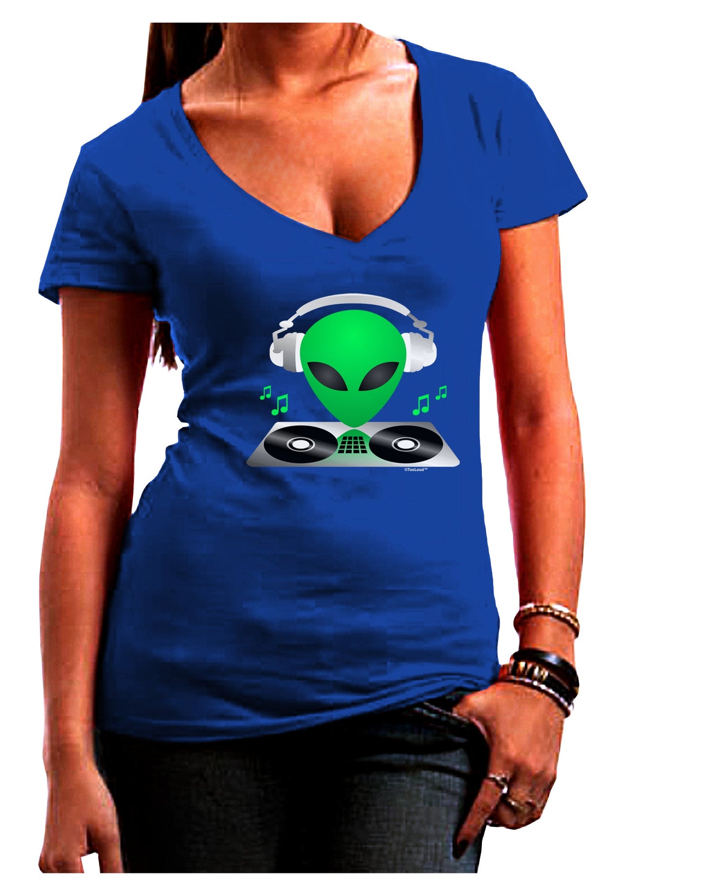 Alien DJ Womens V-Neck Dark T-Shirt-Womens V-Neck T-Shirts-TooLoud-Royal-Blue-Juniors Fitted Small-Davson Sales