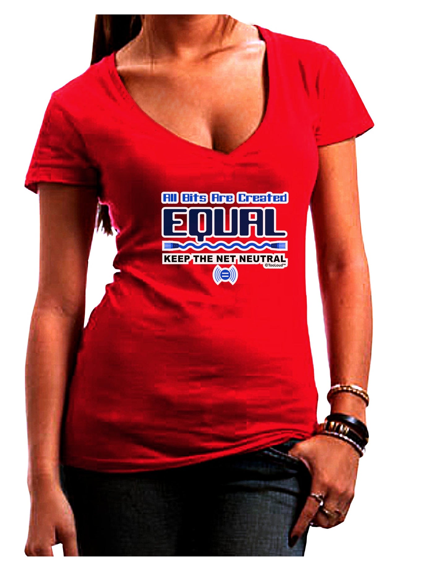 All Bits Are Created Equal - Net Neutrality Juniors V-Neck Dark T-Shirt-Womens V-Neck T-Shirts-TooLoud-Red-Juniors Fitted Small-Davson Sales