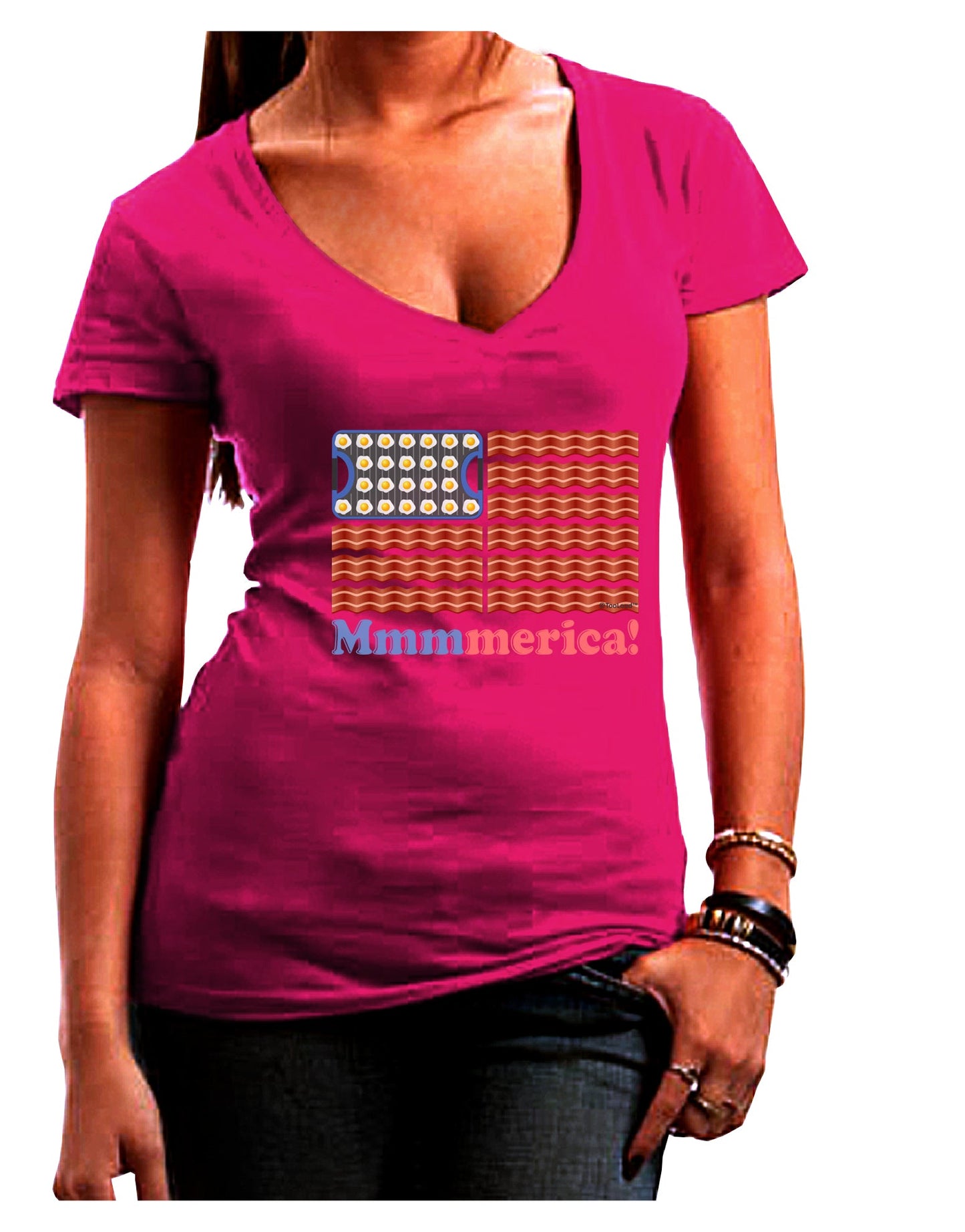 American Breakfast Flag - Bacon and Eggs - Mmmmerica Juniors V-Neck Dark T-Shirt-Womens V-Neck T-Shirts-TooLoud-Hot-Pink-Juniors Fitted Small-Davson Sales