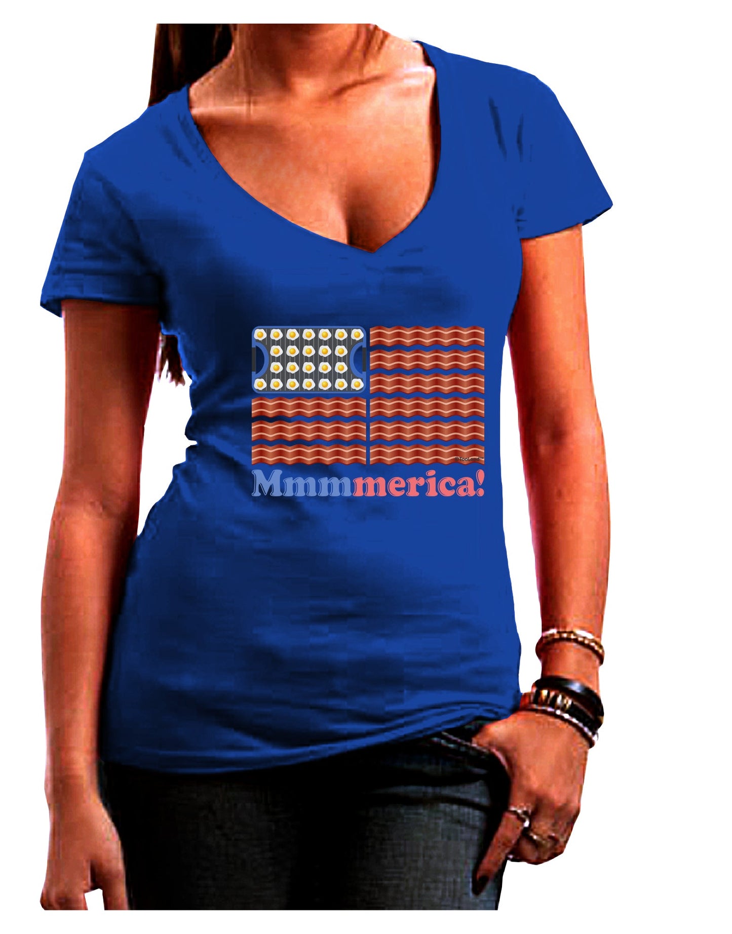 American Breakfast Flag - Bacon and Eggs - Mmmmerica Juniors V-Neck Dark T-Shirt-Womens V-Neck T-Shirts-TooLoud-Royal-Blue-Juniors Fitted Small-Davson Sales