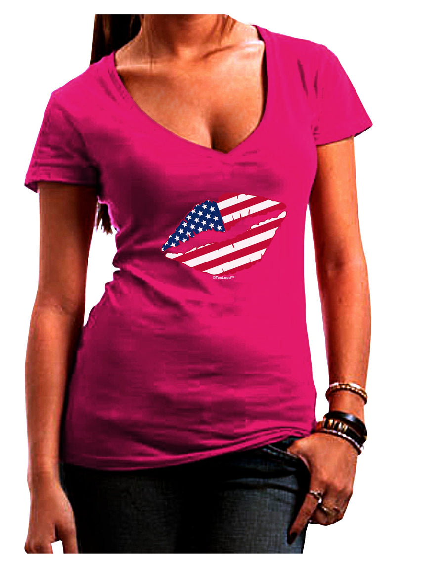 American Flag Lipstick Juniors V-Neck Dark T-Shirt-Womens V-Neck T-Shirts-TooLoud-Black-Juniors Fitted Small-Davson Sales
