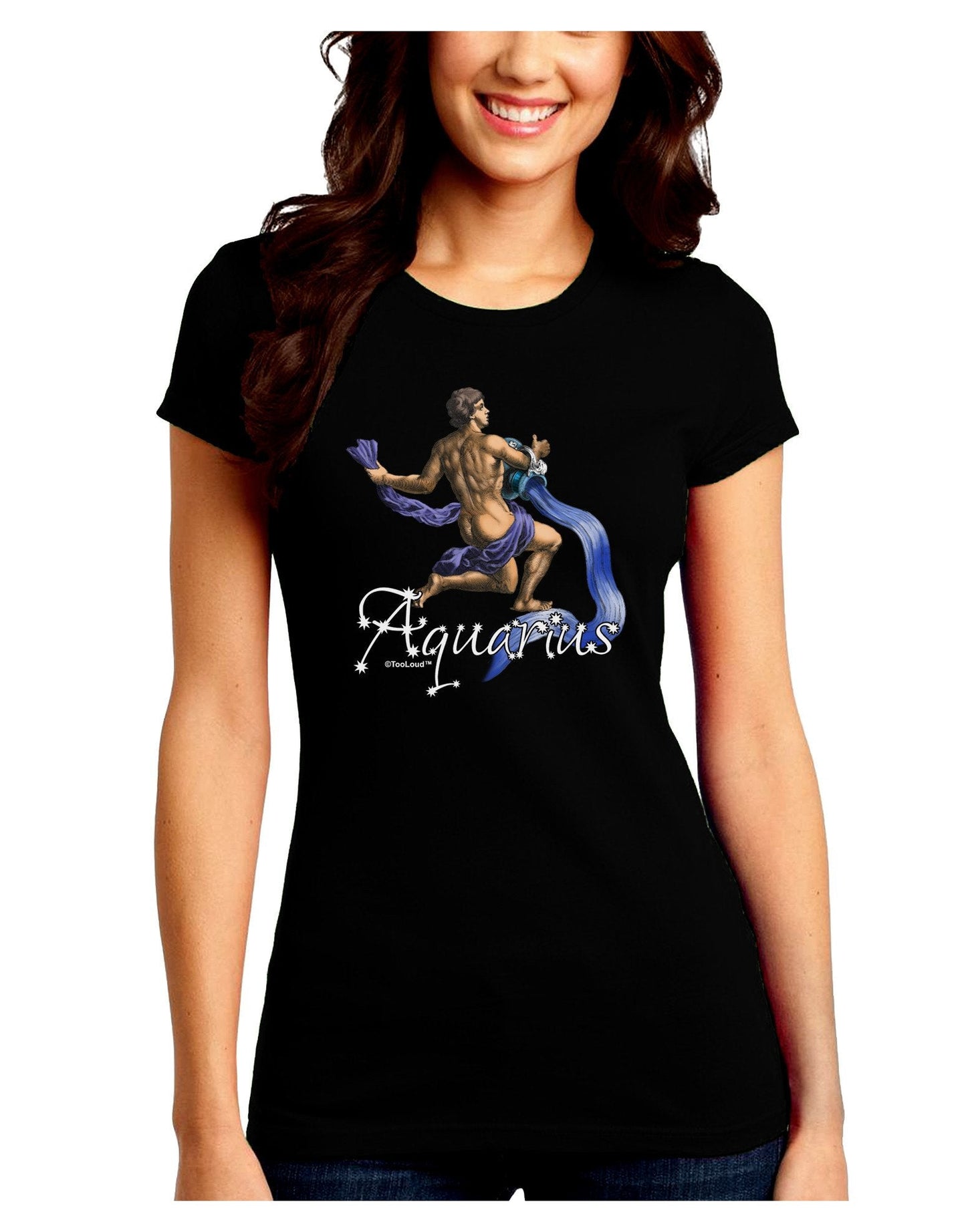 Aquarius Color Illustration Juniors Crew Dark T-Shirt-T-Shirts Juniors Tops-TooLoud-Black-Juniors Fitted XX-Large-Davson Sales