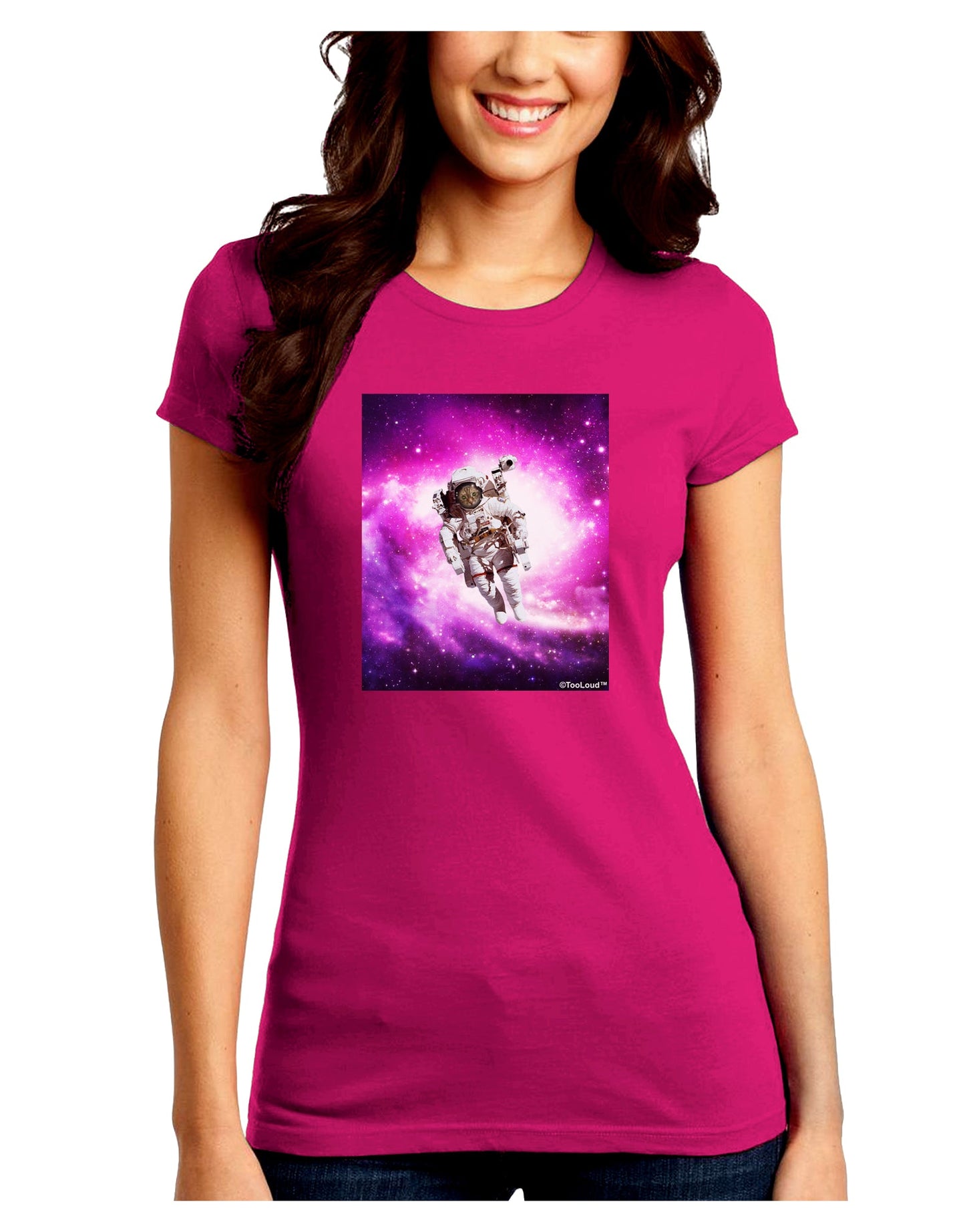 Astronaut Cat Juniors Petite Crew Dark T-Shirt-T-Shirts Juniors Tops-TooLoud-Hot-Pink-Juniors Fitted Small-Davson Sales