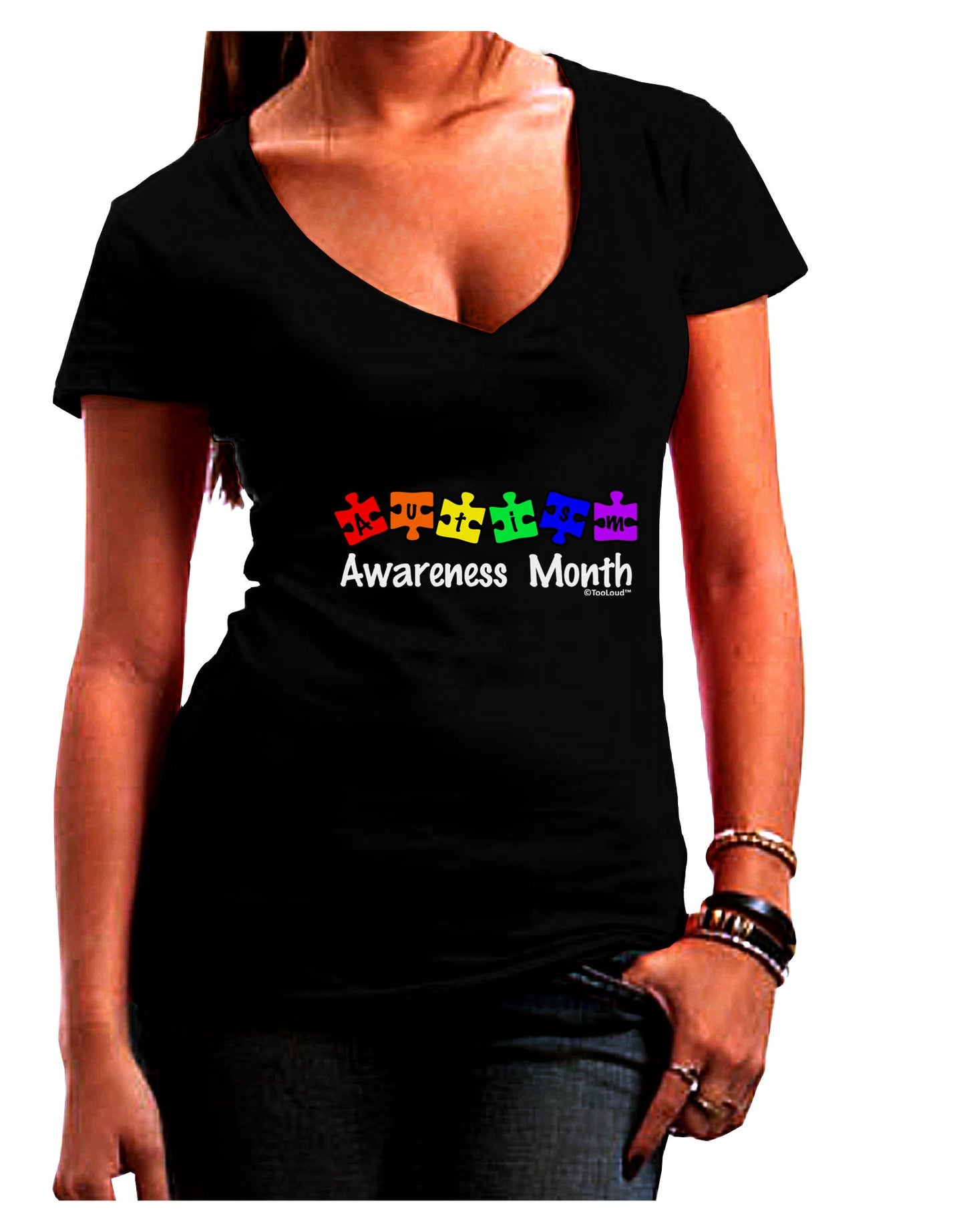 Autism Awareness Month - Colorful Puzzle Pieces Juniors V-Neck Dark T-Shirt by TooLoud-Womens V-Neck T-Shirts-TooLoud-Black-Juniors Fitted Small-Davson Sales