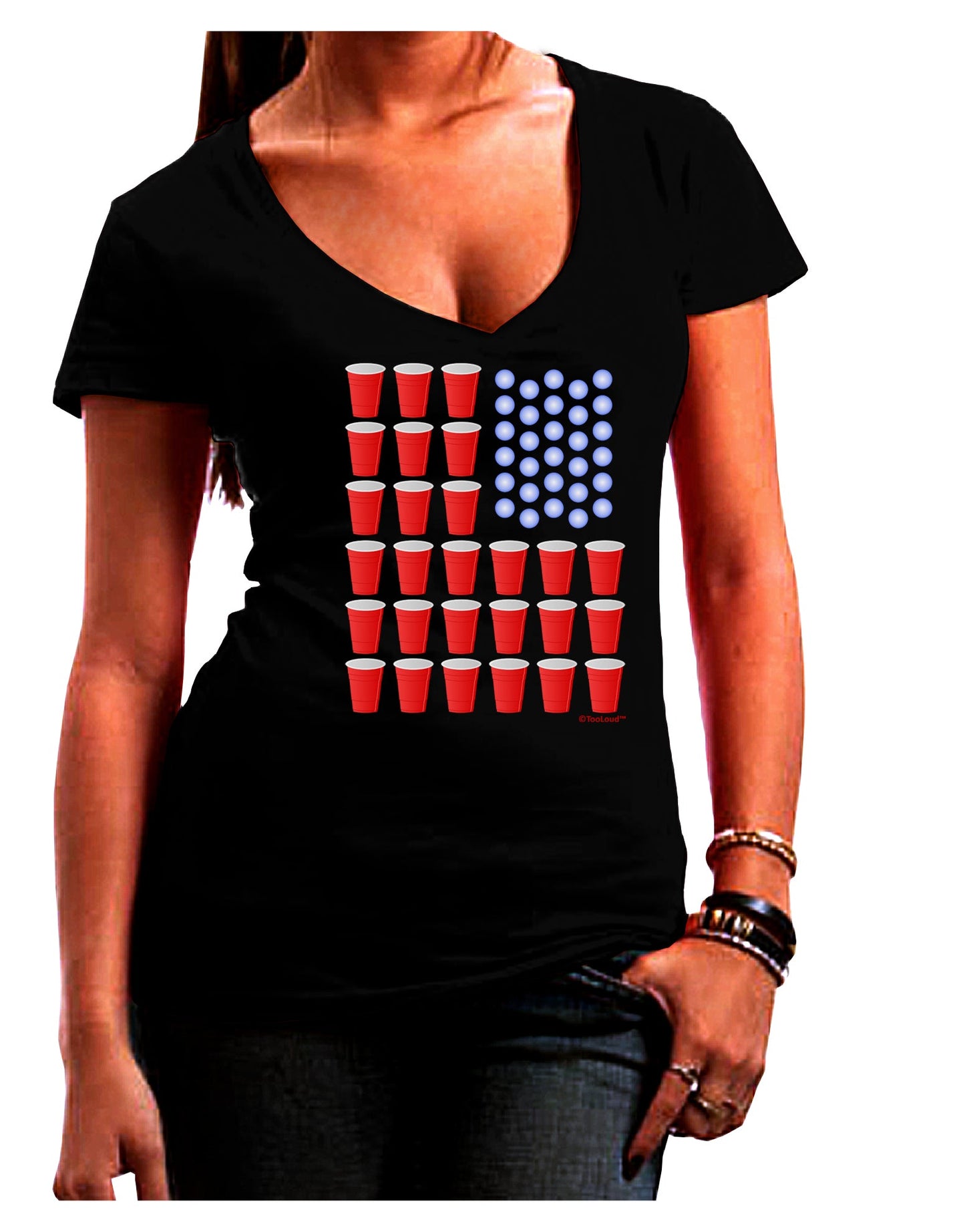 Beer Pong Flag Juniors V-Neck Dark T-Shirt-Womens V-Neck T-Shirts-TooLoud-Black-Juniors Fitted Small-Davson Sales