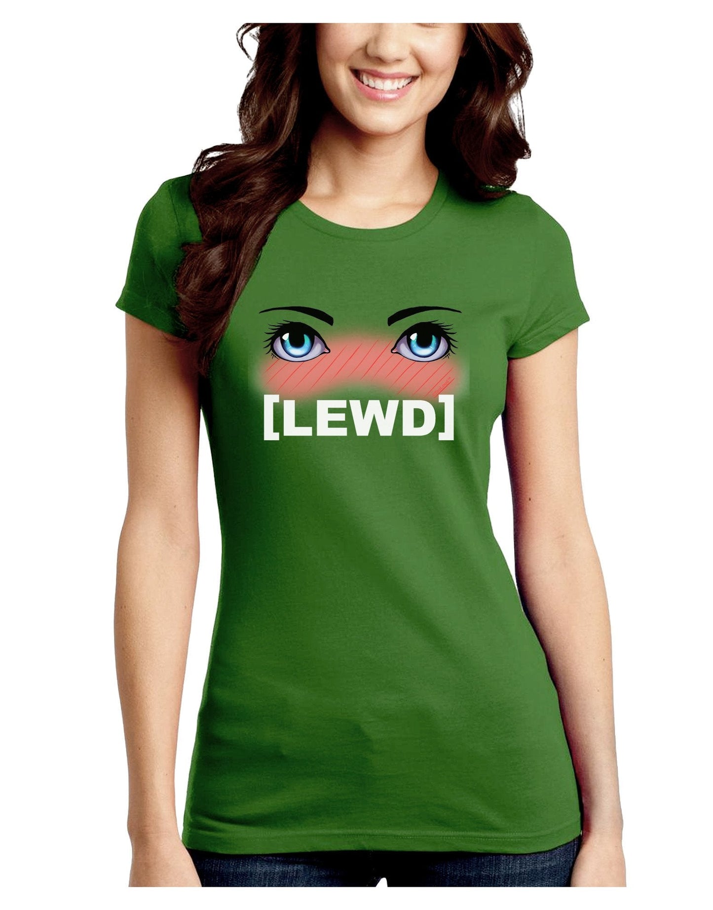 Blushing Anime Eyes Lewd Juniors Petite Crew Dark T-Shirt-T-Shirts Juniors Tops-TooLoud-Kiwi-Green-Juniors Fitted XXX-Large-Davson Sales