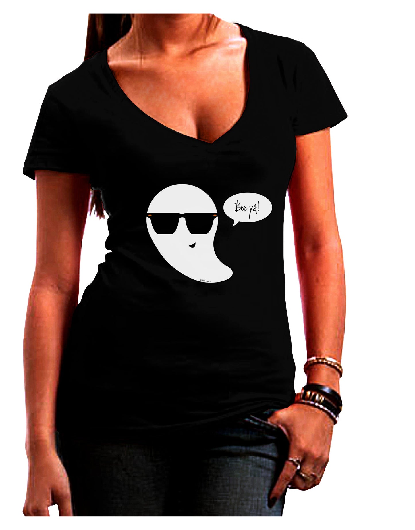 Boo Ya Cool Ghost Halloween Juniors V-Neck Dark T-Shirt-Womens V-Neck T-Shirts-TooLoud-Black-Juniors Fitted Small-Davson Sales
