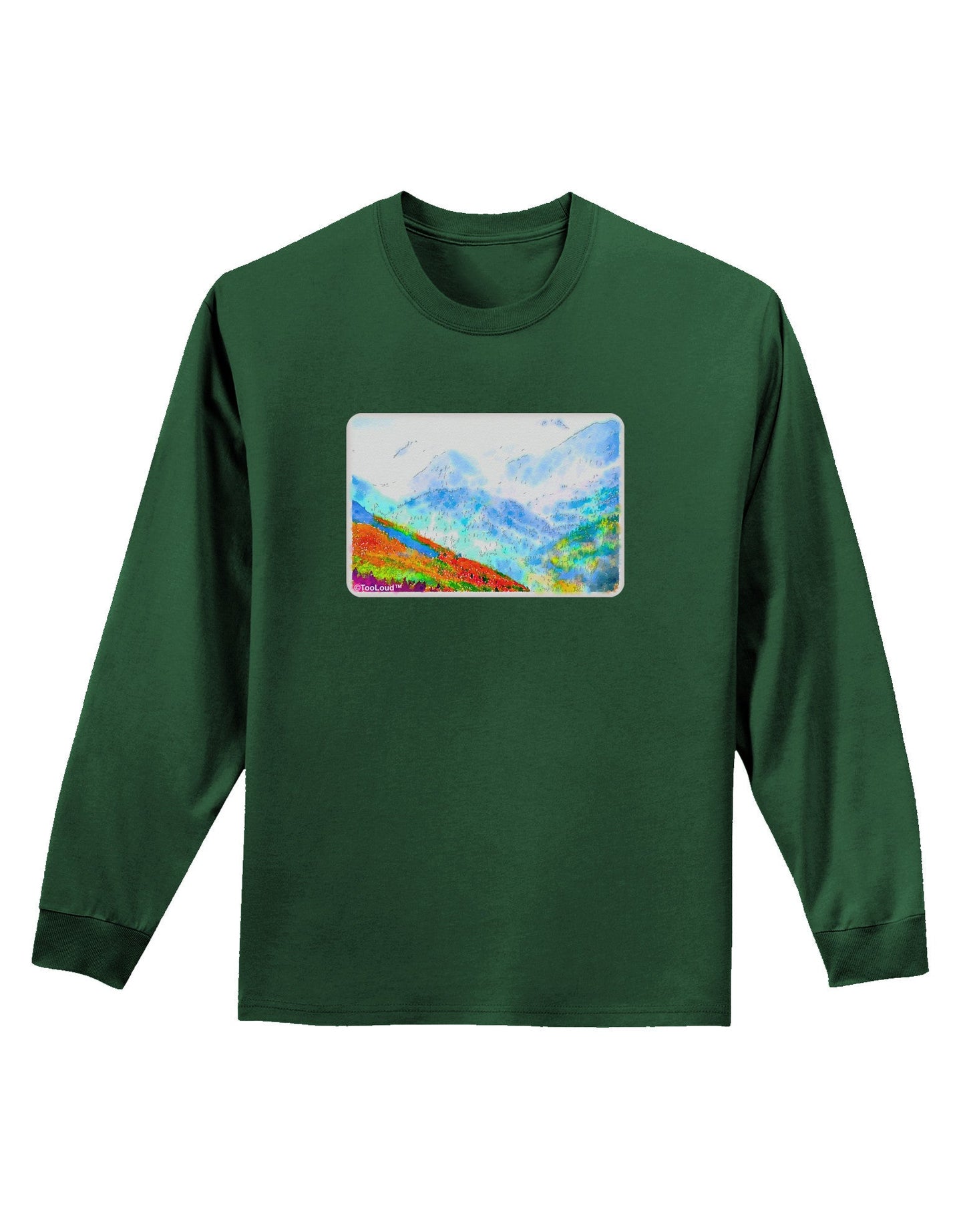 CO Fog Mountains Watercolor Adult Long Sleeve Dark T-Shirt-TooLoud-Dark-Green-Small-Davson Sales