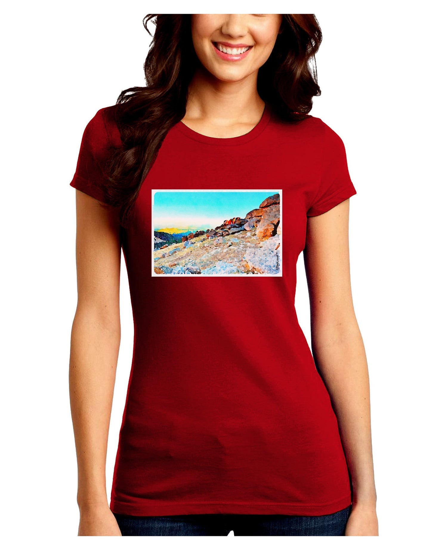 CO Rockies View Watercolor Juniors Petite Crew Dark T-Shirt-T-Shirts Juniors Tops-TooLoud-Red-Juniors Fitted Small-Davson Sales
