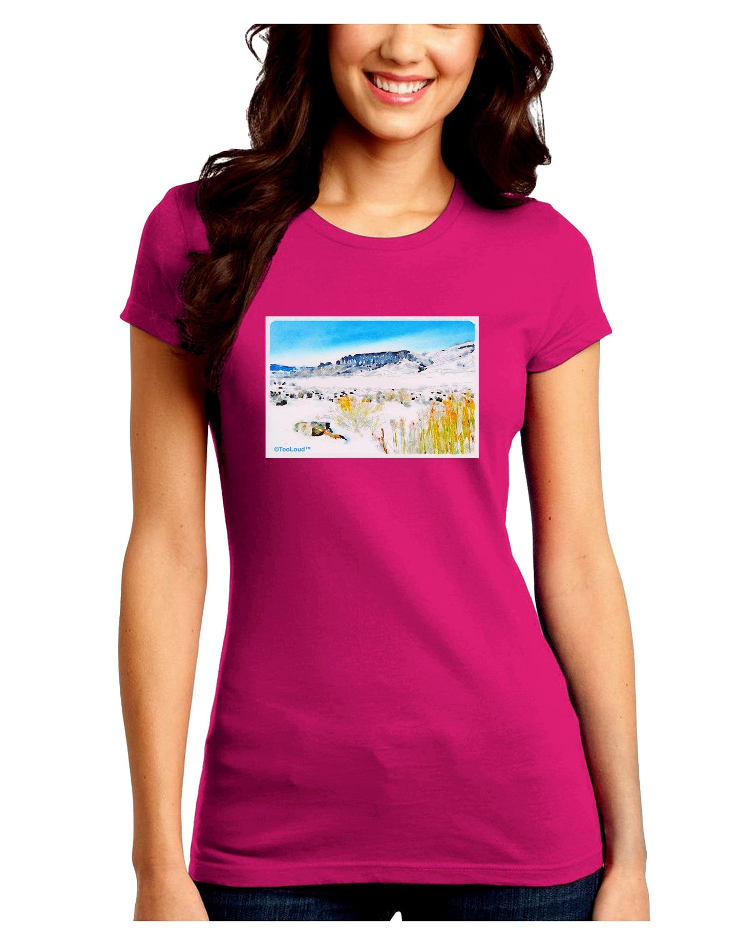 CO Snow Scene Watercolor Juniors Petite Crew Dark T-Shirt-T-Shirts Juniors Tops-TooLoud-Hot-Pink-Juniors Fitted Small-Davson Sales