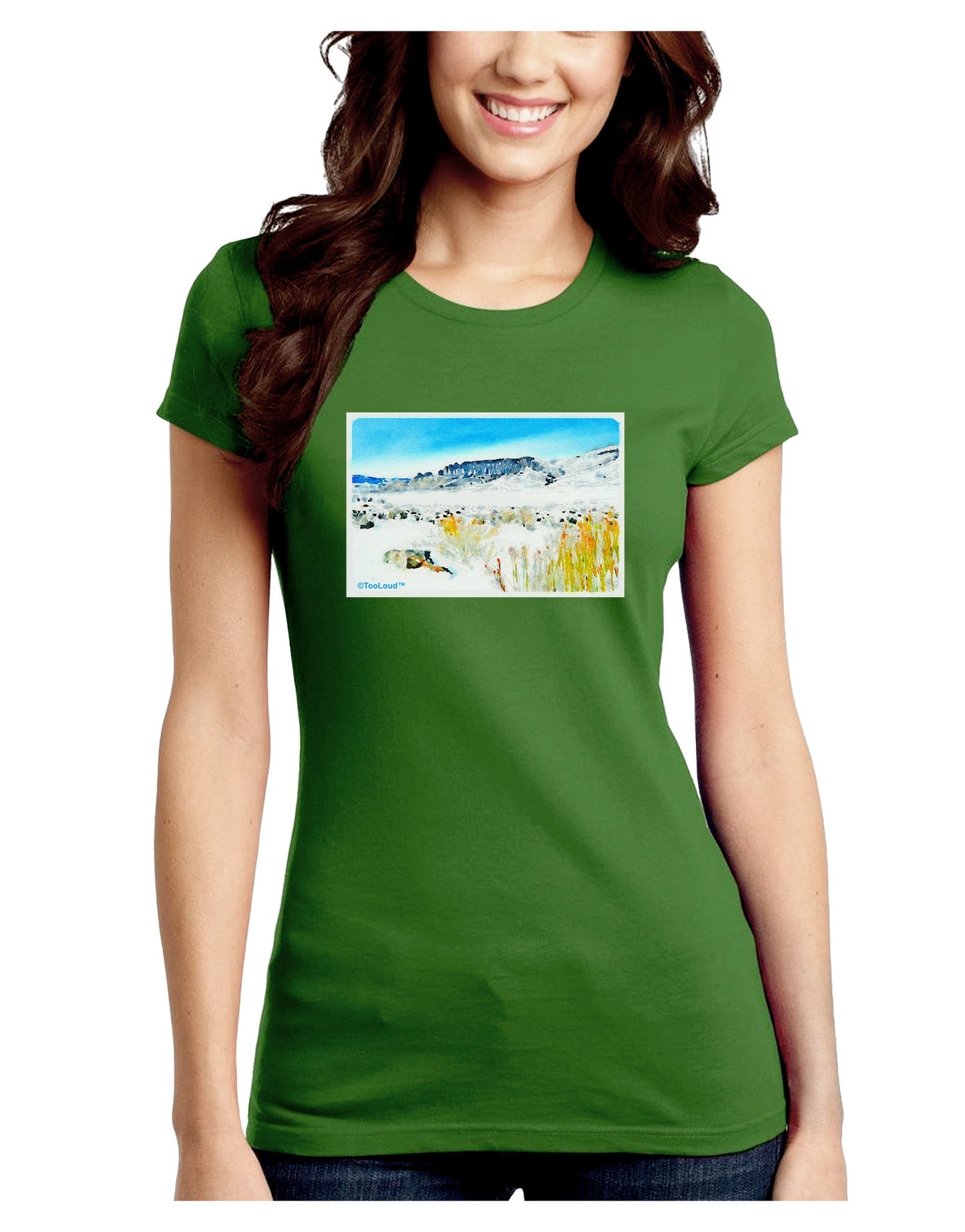CO Snow Scene Watercolor Juniors Petite Crew Dark T-Shirt-T-Shirts Juniors Tops-TooLoud-Kiwi-Green-Juniors Fitted Small-Davson Sales