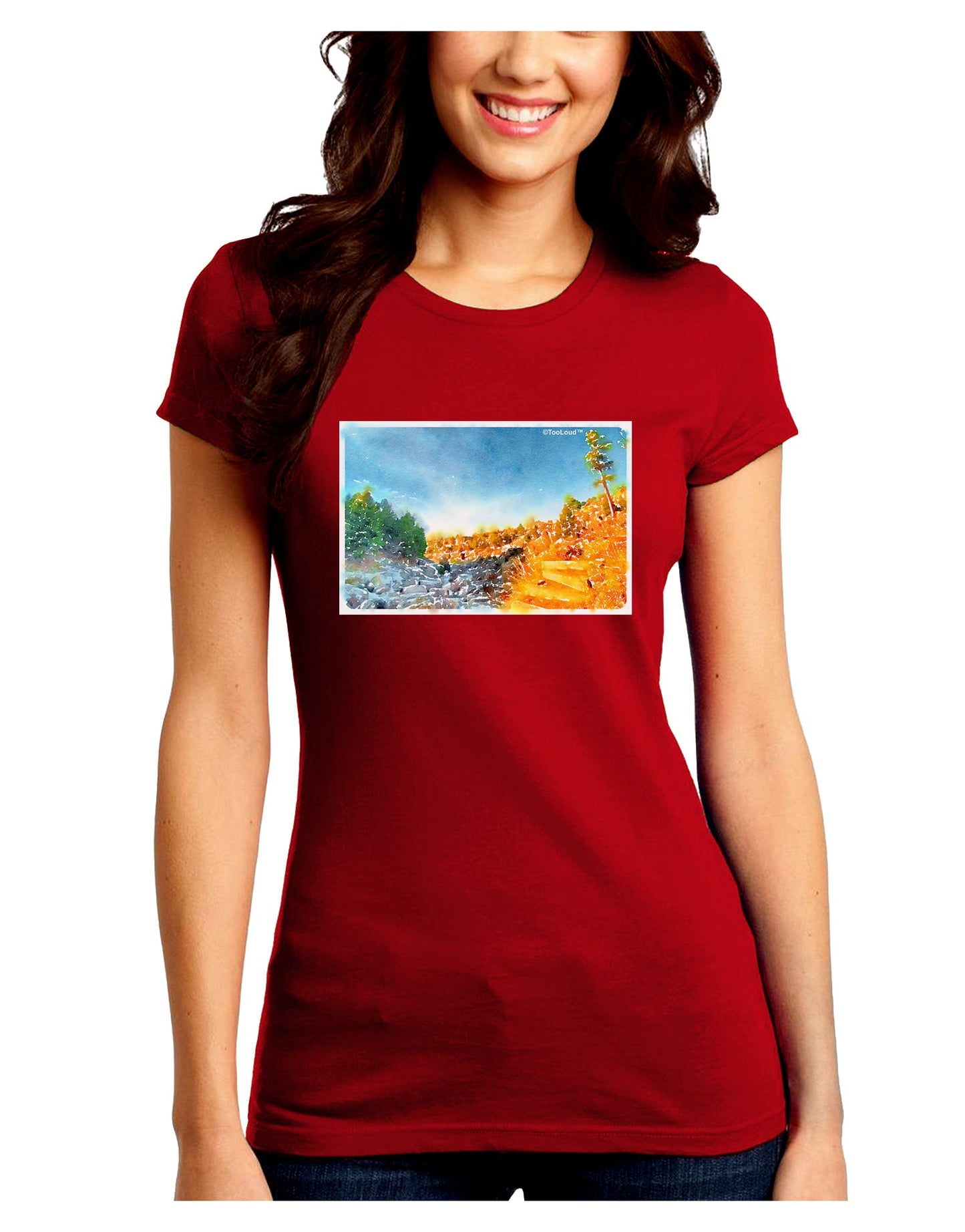 Castlewood Canyon Watercolor Juniors Petite Crew Dark T-Shirt-T-Shirts Juniors Tops-TooLoud-Red-Juniors Fitted Small-Davson Sales
