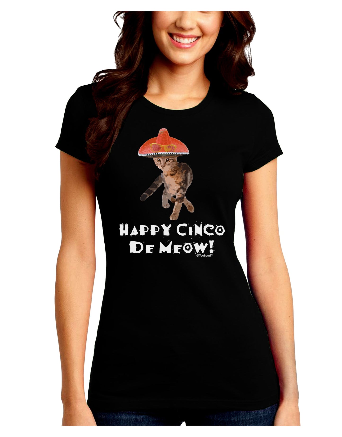 Cat with Pink Sombrero - Happy Cinco de Meow Juniors Crew Dark T-Shirt by TooLoud-T-Shirts Juniors Tops-TooLoud-Black-Juniors Fitted Small-Davson Sales