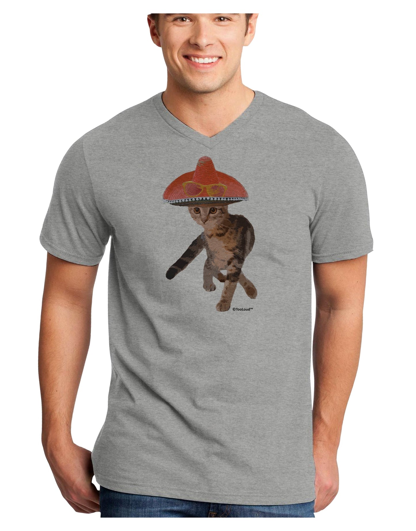 Cat with Pink Sombrero and Sunglasses Adult V-Neck T-shirt by TooLoud-Mens V-Neck T-Shirt-TooLoud-HeatherGray-Small-Davson Sales