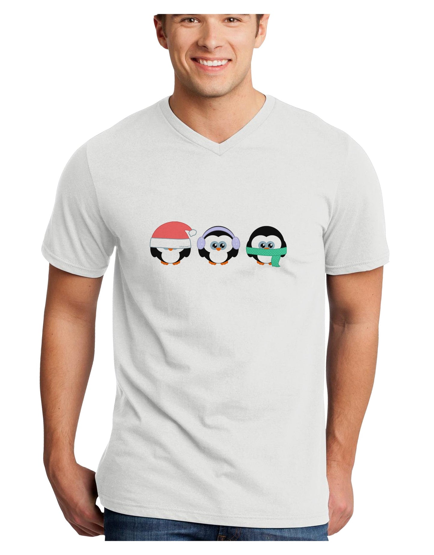 Christmas Penguins See No Evil Hear No Evil Speak No Evil Adult V-Neck T-shirt-Mens V-Neck T-Shirt-TooLoud-White-Small-Davson Sales