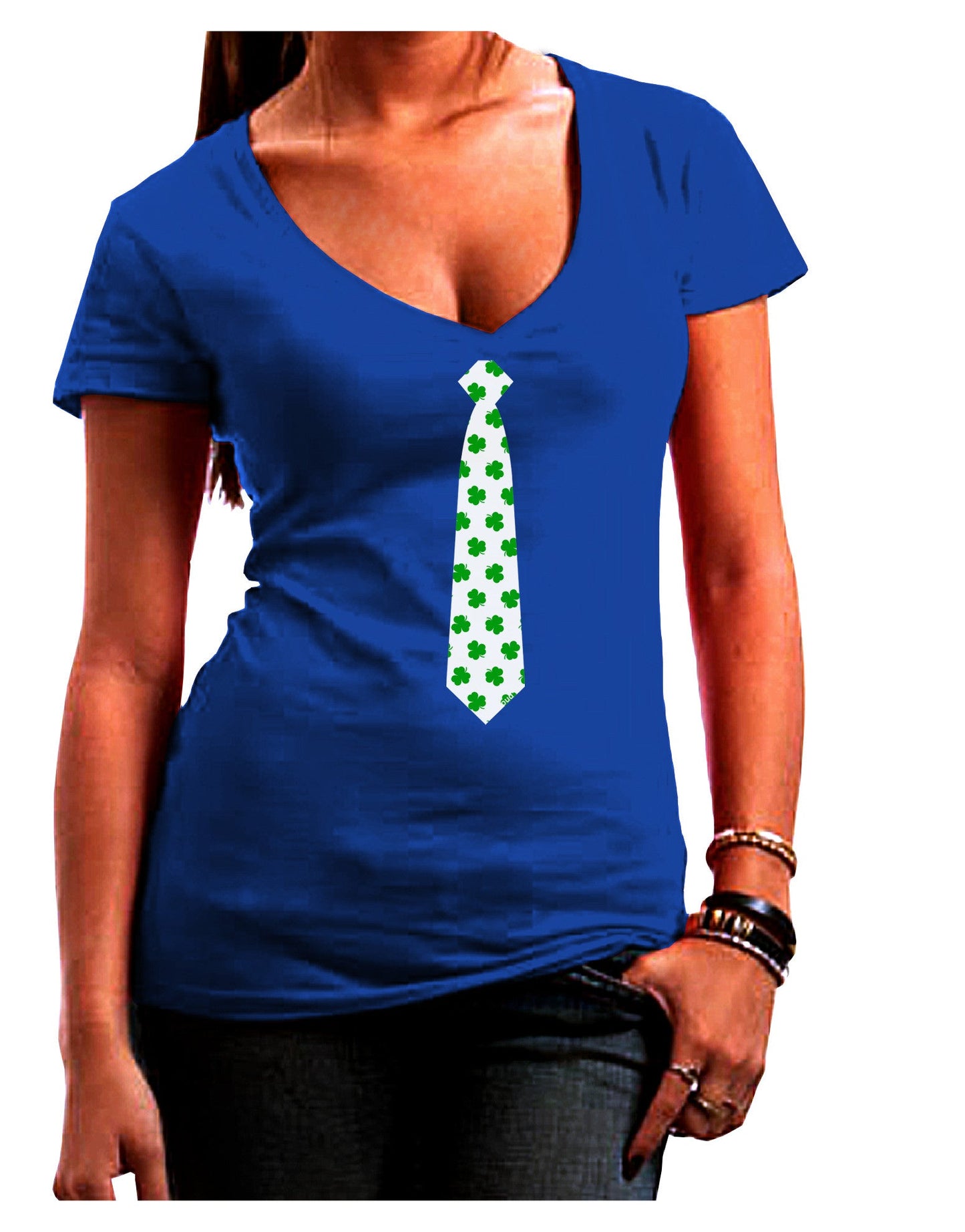 Clover Pattern Tie St Patrick's Day Womens V-Neck Dark T-Shirt-Womens V-Neck T-Shirts-TooLoud-Royal-Blue-Juniors Fitted Small-Davson Sales