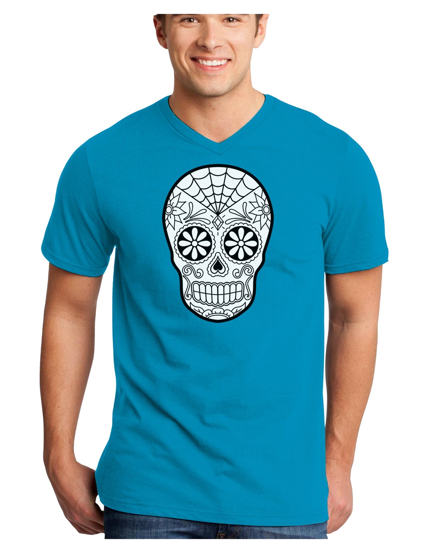 Color Your Own Dia de los Muertos Calavera Adult Dark V-Neck T-Shirt-Mens V-Neck T-Shirt-TooLoud-Turquoise-Small-Davson Sales