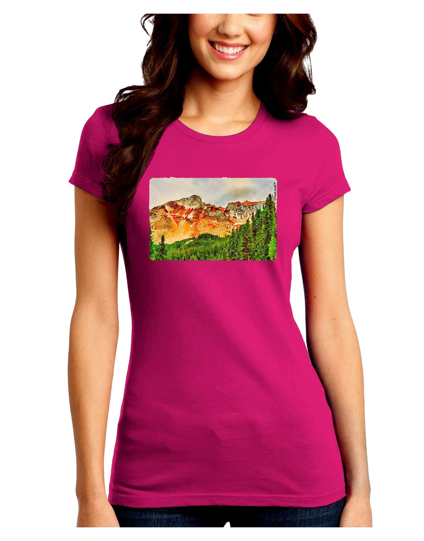 Colorado Forrest Watercolor Juniors Crew Dark T-Shirt-T-Shirts Juniors Tops-TooLoud-Hot-Pink-Juniors Fitted Small-Davson Sales