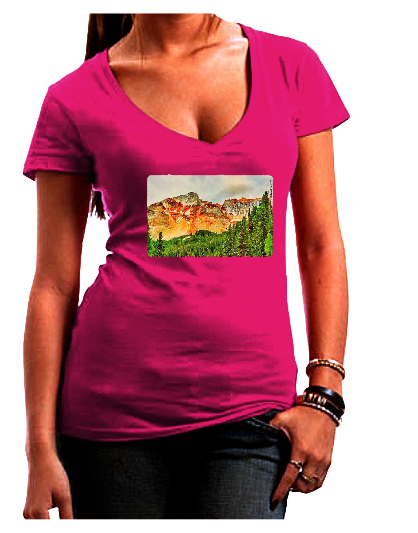 Colorado Forrest Watercolor Juniors V-Neck Dark T-Shirt-Womens V-Neck T-Shirts-TooLoud-Hot-Pink-Juniors Fitted Small-Davson Sales