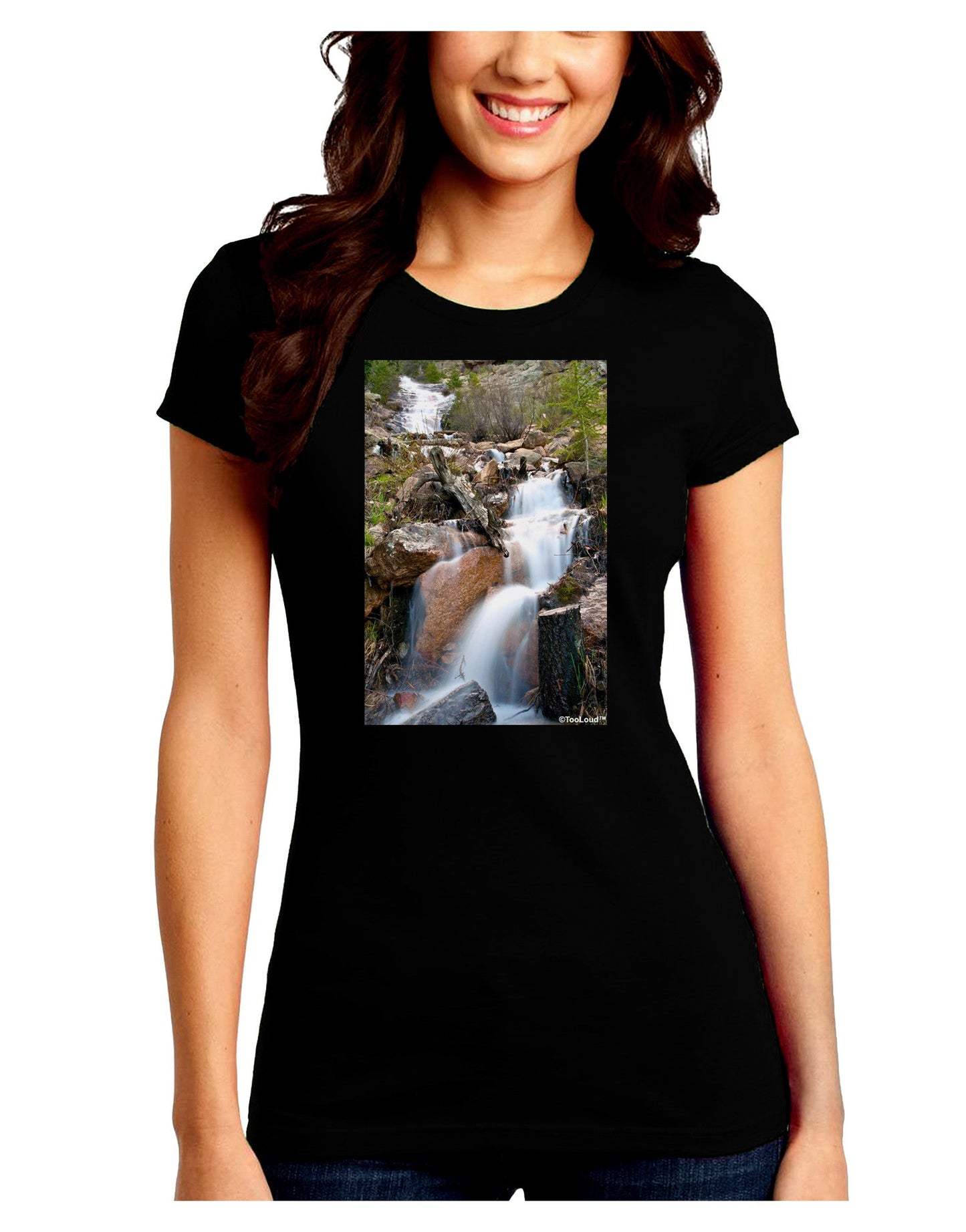 Colorado Waterfall Scene Juniors Crew Dark T-Shirt-T-Shirts Juniors Tops-TooLoud-Black-Juniors Fitted Small-Davson Sales
