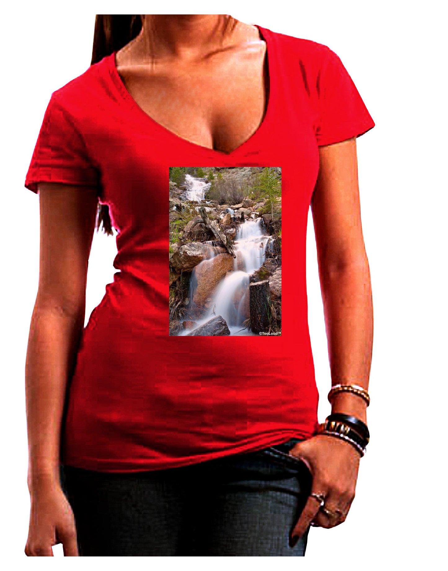 Colorado Waterfall Scene Juniors V-Neck Dark T-Shirt-Womens V-Neck T-Shirts-TooLoud-Red-Juniors Fitted Small-Davson Sales