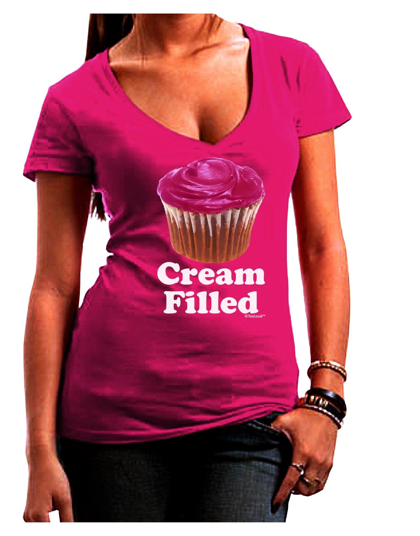 Cream Filled Pink Cupcake Design Juniors V-Neck Dark T-Shirt by TooLoud-Womens V-Neck T-Shirts-TooLoud-Hot-Pink-Juniors Fitted Small-Davson Sales