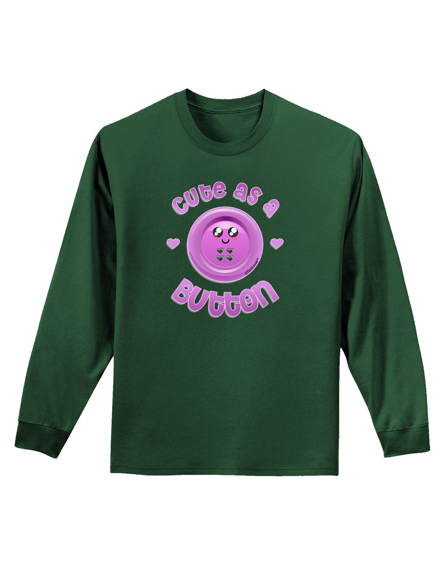 Cute As A Button Smiley Face Adult Long Sleeve Dark T-Shirt-TooLoud-Dark-Green-Small-Davson Sales