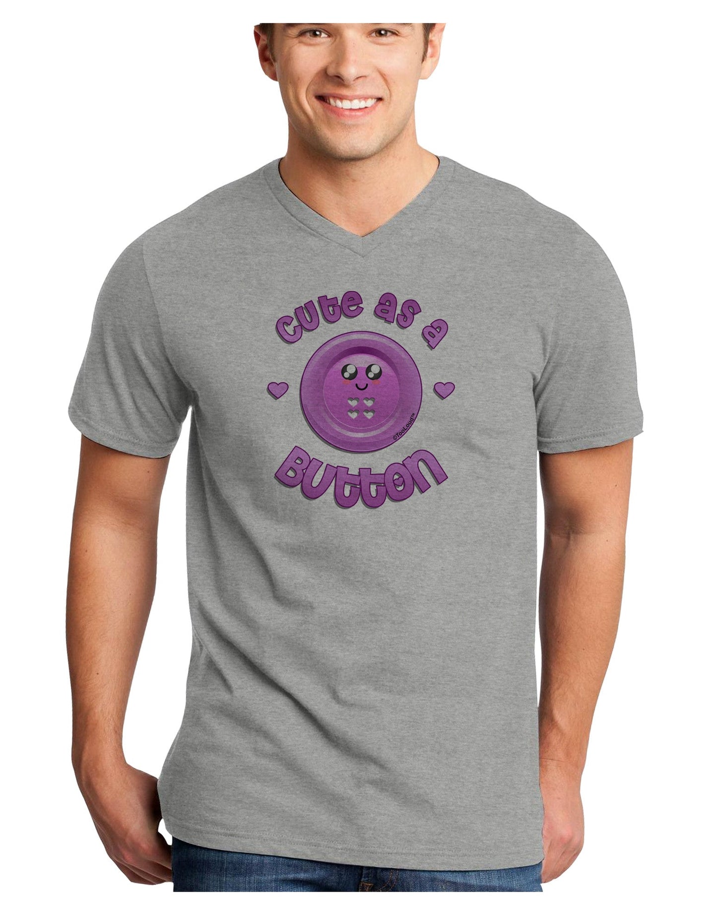 Cute As A Button Smiley Face Adult V-Neck T-shirt-Mens V-Neck T-Shirt-TooLoud-HeatherGray-Small-Davson Sales