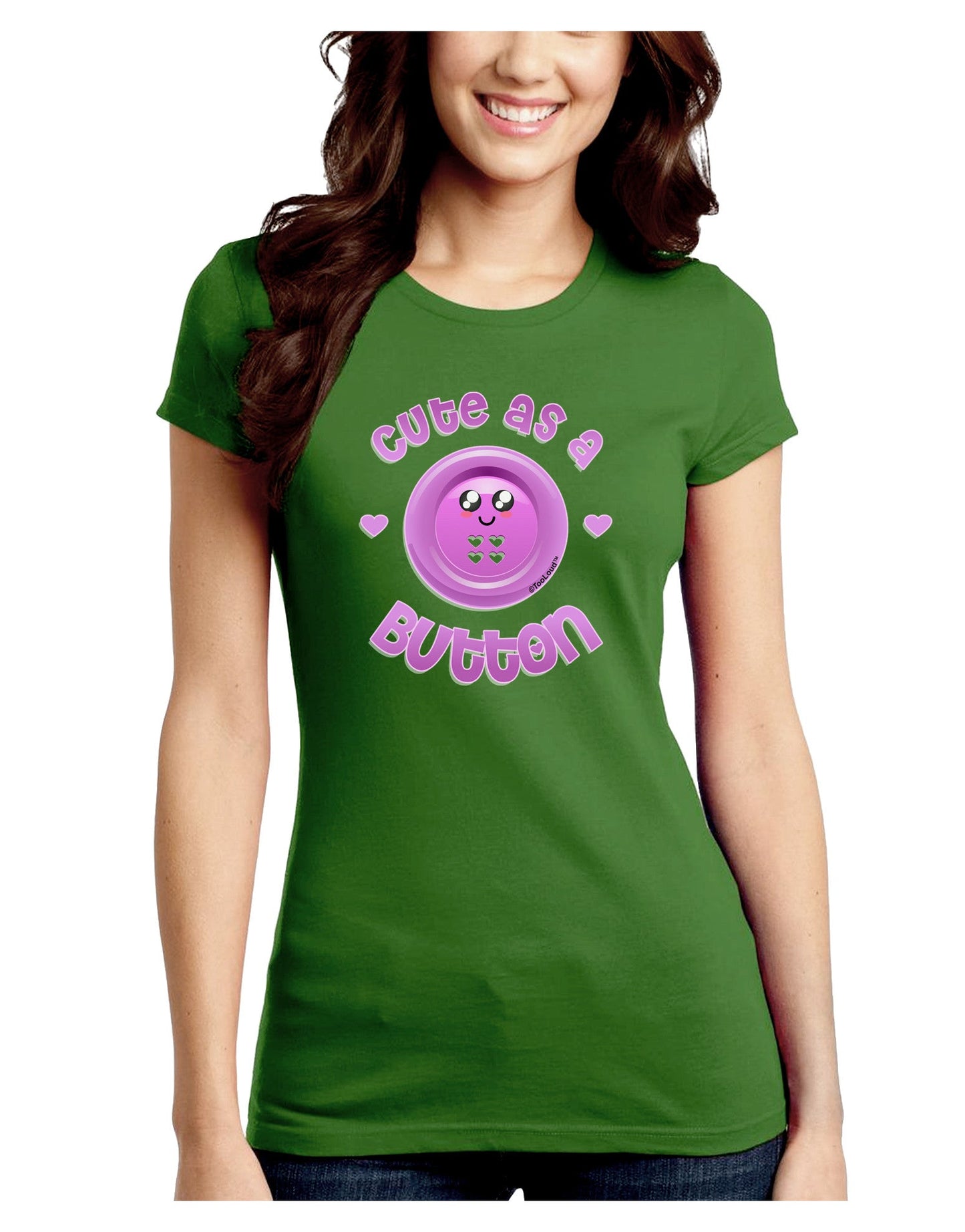 Cute As A Button Smiley Face Juniors Petite Crew Dark T-Shirt-T-Shirts Juniors Tops-TooLoud-Kiwi-Green-Juniors Fitted Small-Davson Sales