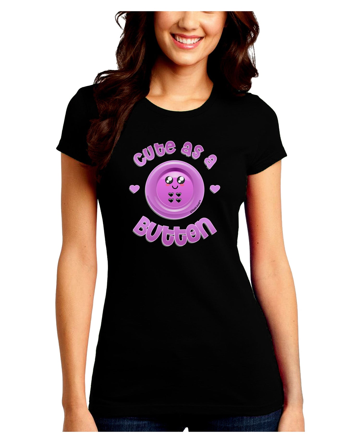 Cute As A Button Smiley Face Juniors Petite Crew Dark T-Shirt-T-Shirts Juniors Tops-TooLoud-Black-Juniors Fitted Small-Davson Sales