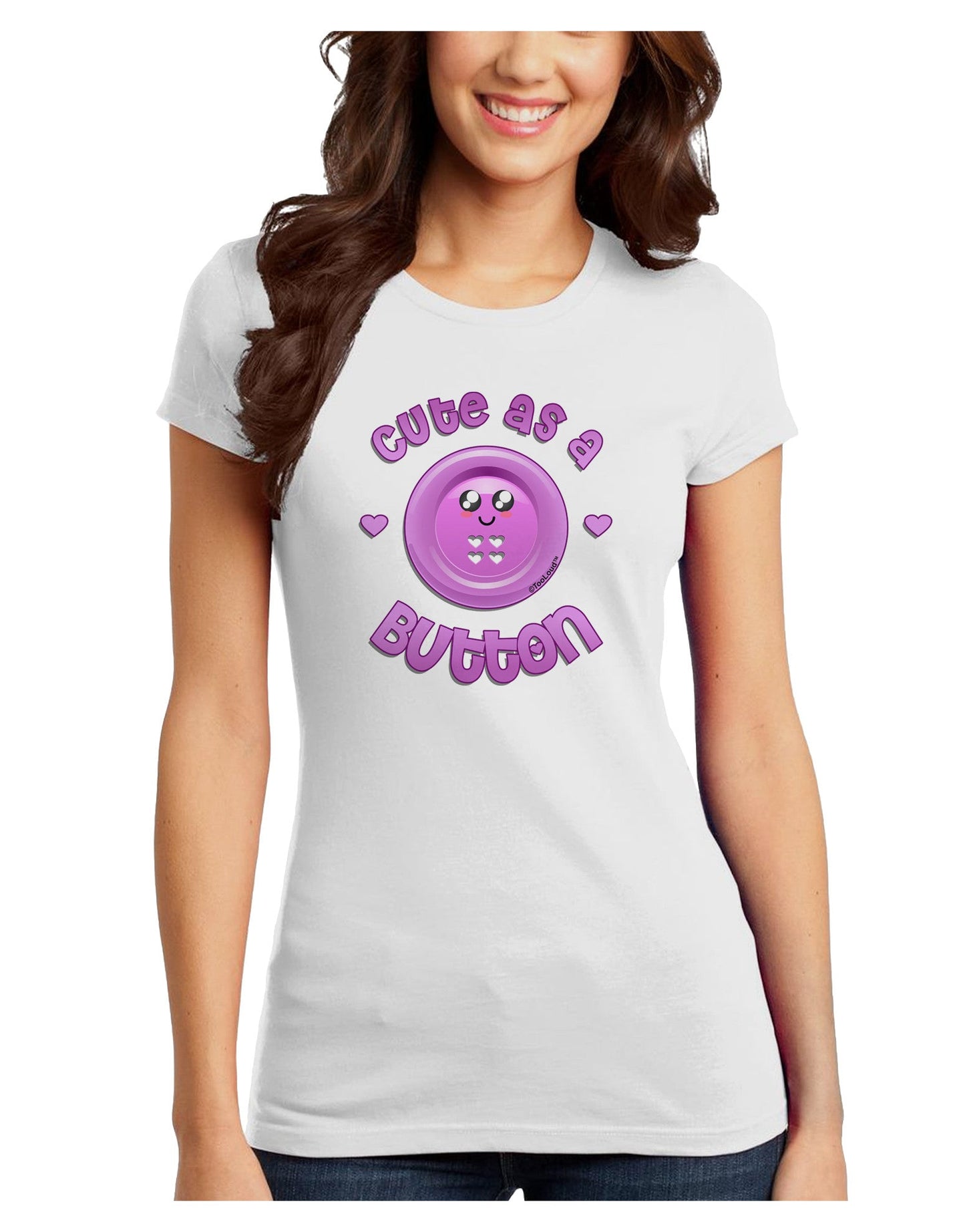 Cute As A Button Smiley Face Juniors Petite T-Shirt-T-Shirts Juniors Tops-TooLoud-White-Juniors Fitted X-Small-Davson Sales