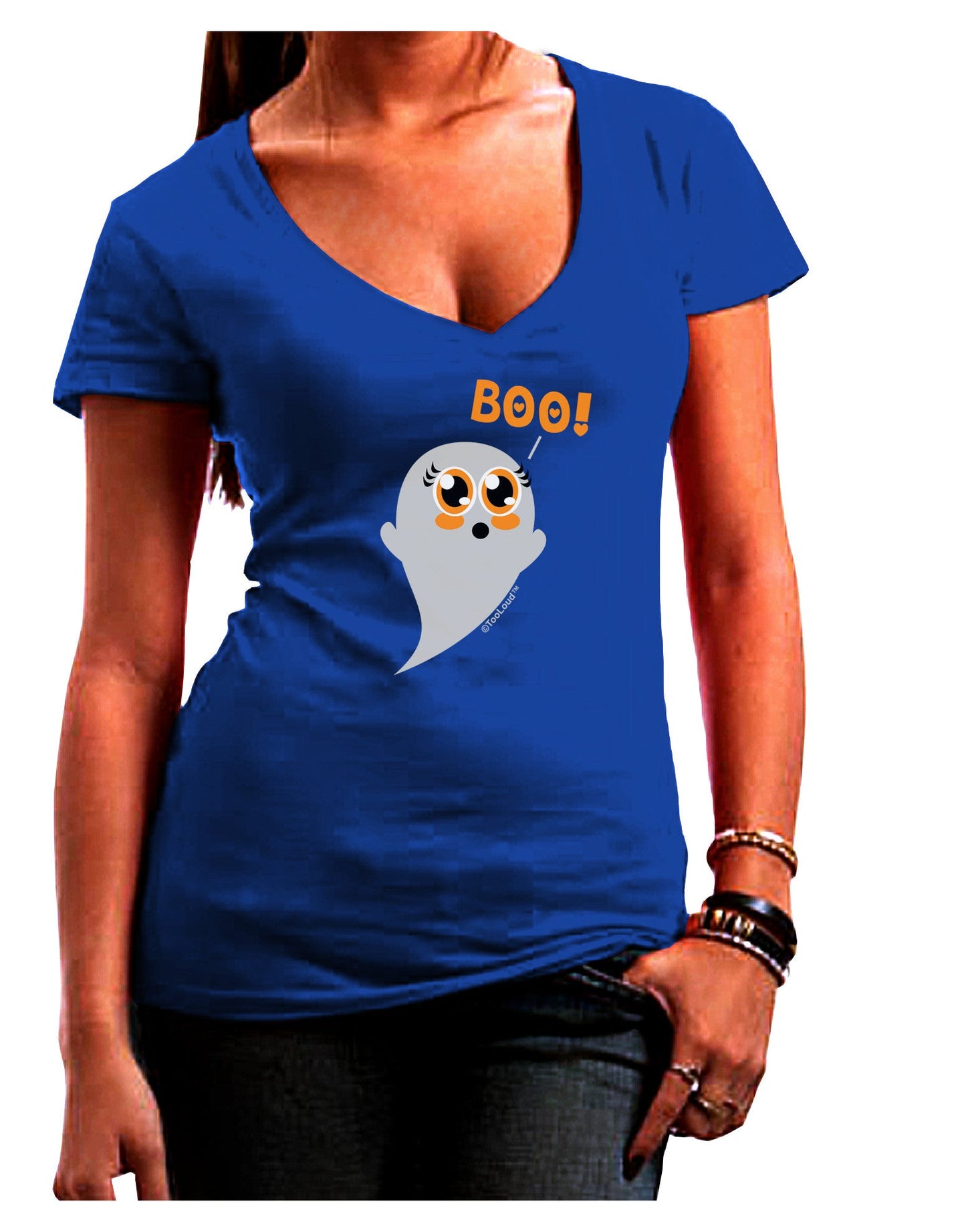 Cute Boo Ghost Juniors V-Neck Dark T-Shirt-Womens V-Neck T-Shirts-TooLoud-Royal-Blue-Juniors Fitted Small-Davson Sales
