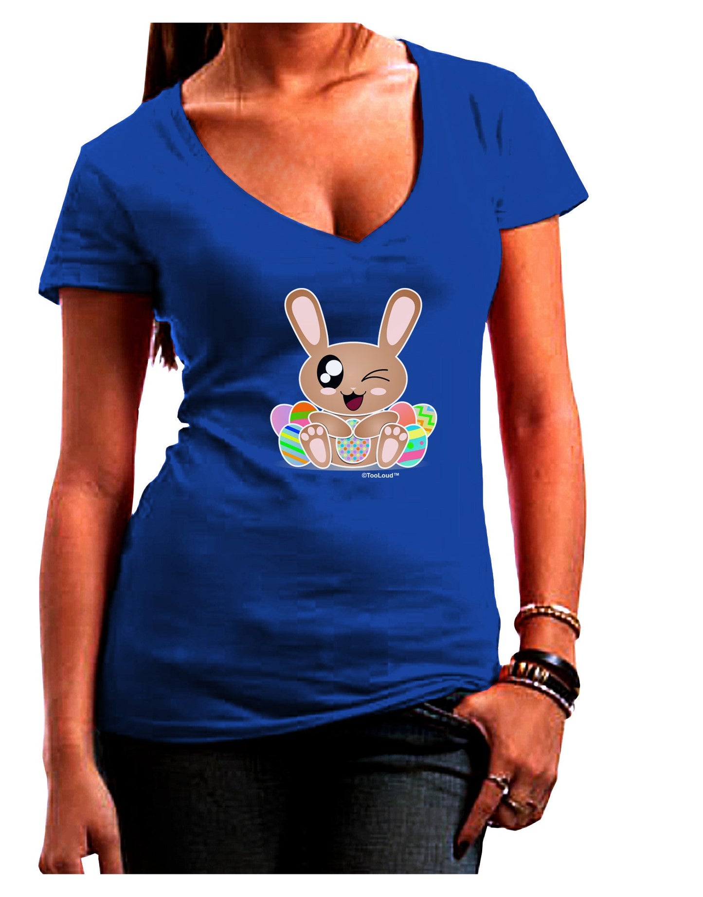 Cute Bunny with Eggs Womens V-Neck Dark T-Shirt-Womens V-Neck T-Shirts-TooLoud-Royal-Blue-Juniors Fitted Small-Davson Sales