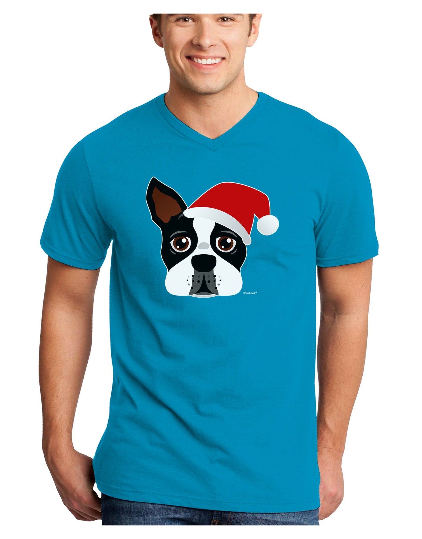 Cute Dog with Santa Hat - Christmas Adult Dark V-Neck T-Shirt-TooLoud-Turquoise-Small-Davson Sales