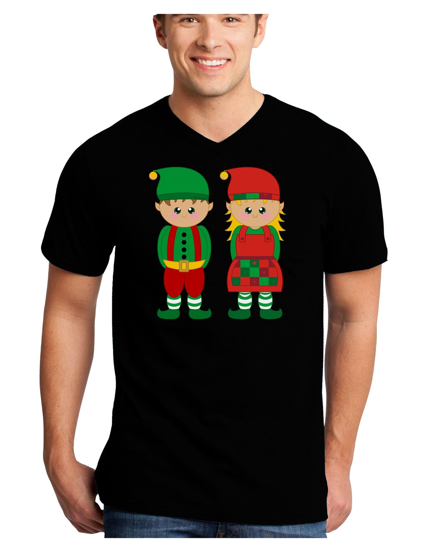 Cute Elf Couple Christmas Adult Dark V-Neck T-Shirt-TooLoud-Black-Small-Davson Sales