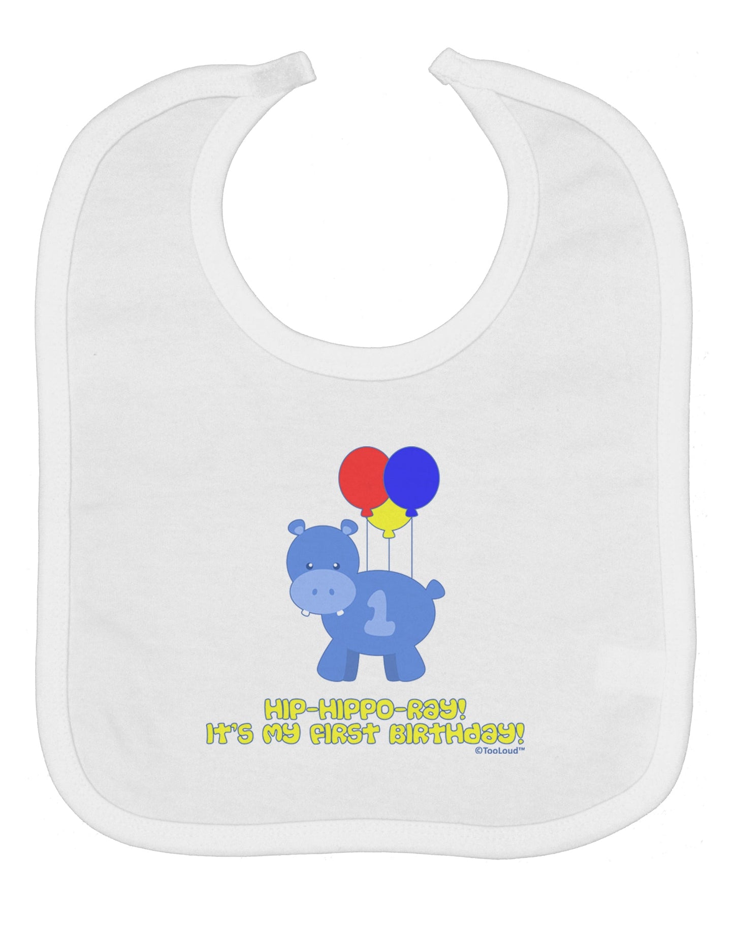 Cute First Birthday Hippo - Blue Red Yellow Baby Bib by TooLoud