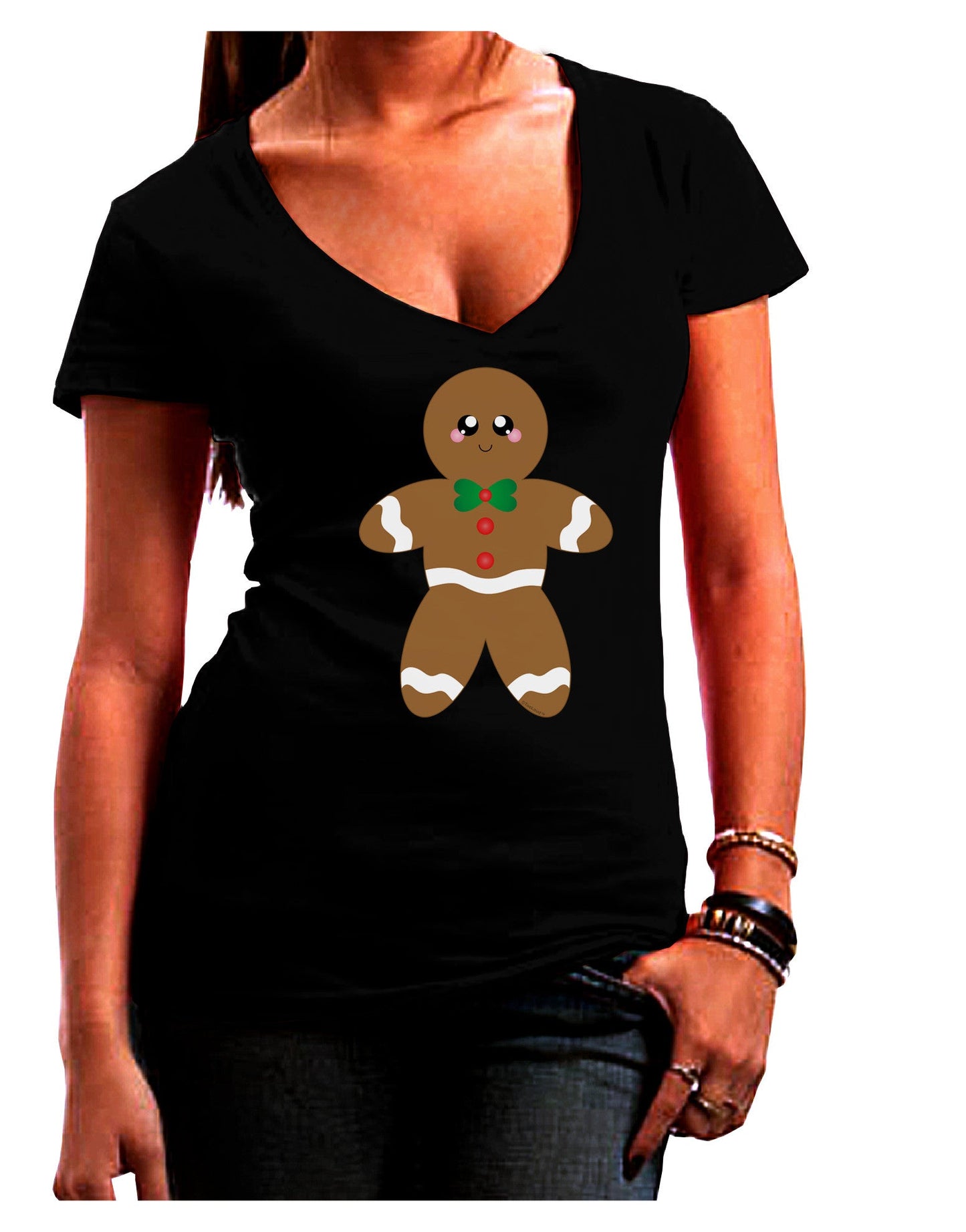 Cute Gingerbread Man Christmas Juniors V-Neck Dark T-Shirt-Womens V-Neck T-Shirts-TooLoud-Black-Juniors Fitted Small-Davson Sales