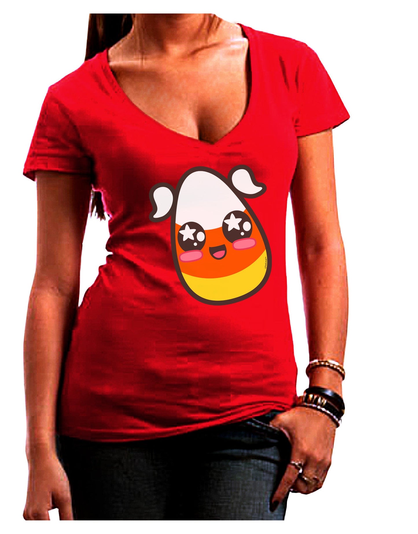 Cute Girl Child Candy Corn Family Halloween Juniors V-Neck Dark T-Shirt-Womens V-Neck T-Shirts-TooLoud-Red-Juniors Fitted Small-Davson Sales
