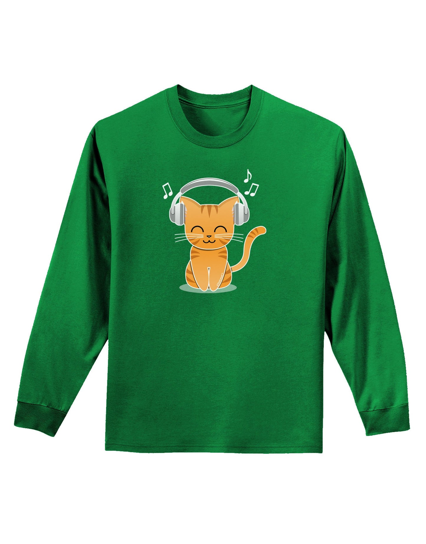 Cute Kitty With Headphones Adult Long Sleeve Dark T-Shirt-TooLoud-Kelly-Green-Small-Davson Sales