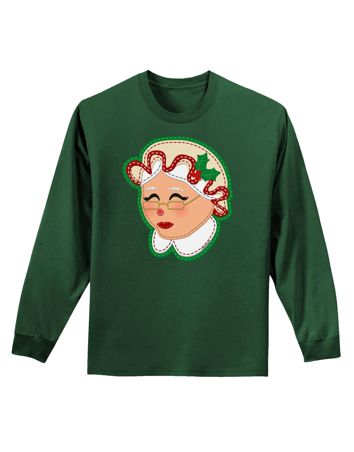 Cute Mrs Claus Face Faux Applique Adult Long Sleeve Dark T-Shirt-TooLoud-Dark-Green-Small-Davson Sales